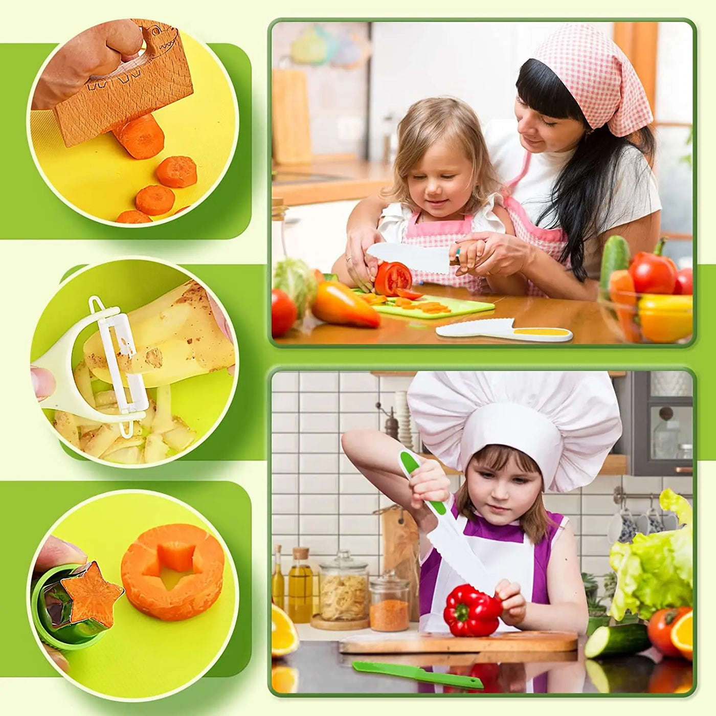 Enfants cuisinant avec des adultes, utilisant des ustensiles de cuisine sécurisés. Découpe de légumes en formes amusantes. Activité culinaire éducative.