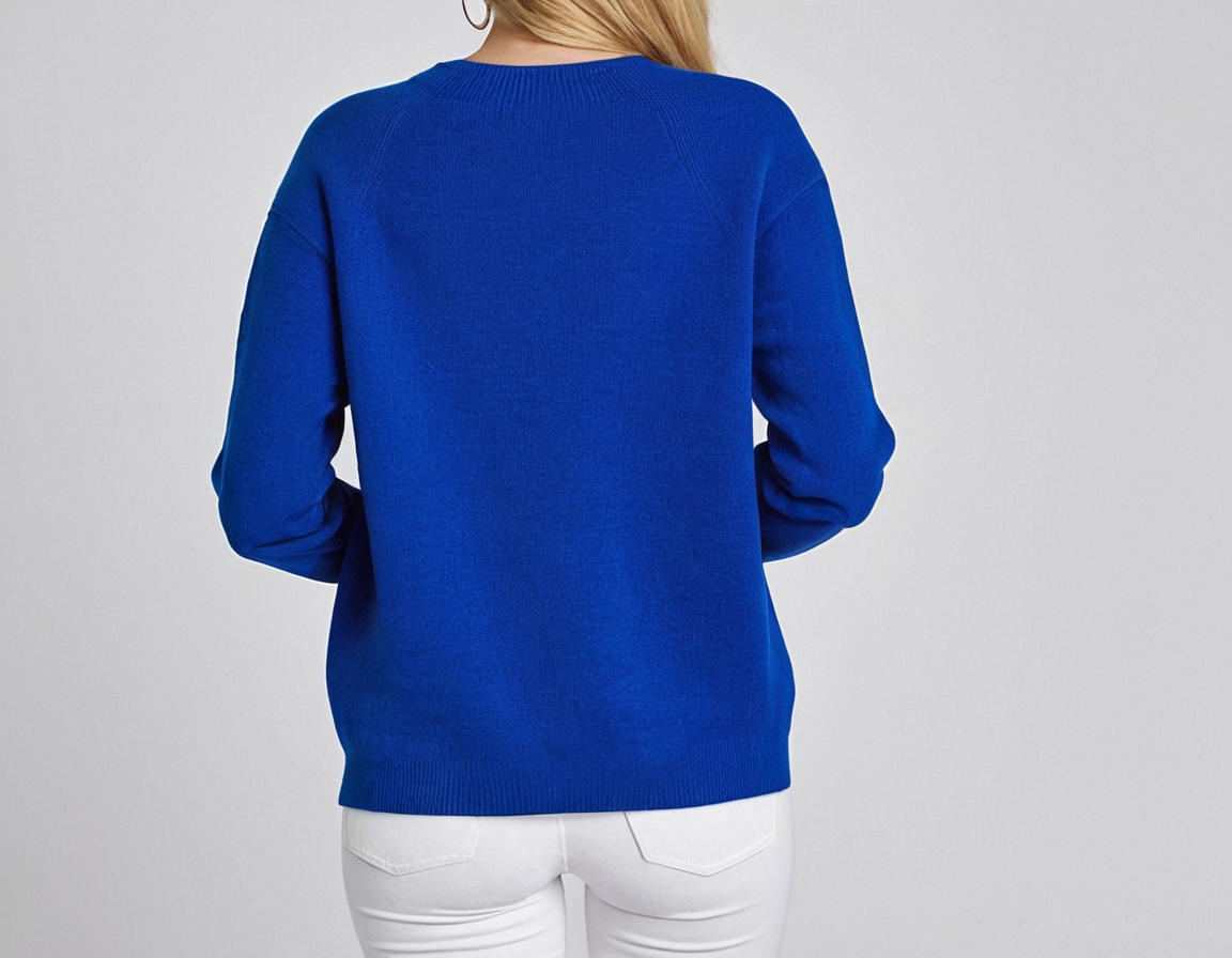 Femme portant un pull bleu vif, manches longues, vue de dos, sur fond gris. Mode automne-hiver, style décontracté, tendance vêtements féminins.