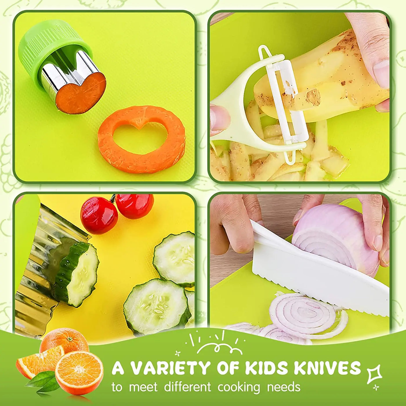 Couteaux pour enfants en plastique coloré, découpe de légumes en formes variées : carotte, tomate, concombre, pomme de terre, oignon. Sécurité cuisine.