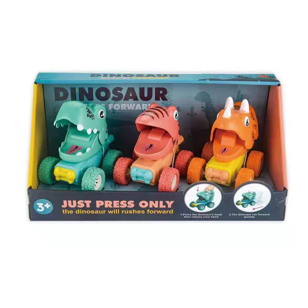 Trois jouets dinosaures colorés à roues dans une boîte, pour enfants de 3 ans et plus. Appuyez pour avancer. Cadeau éducatif et amusant.
