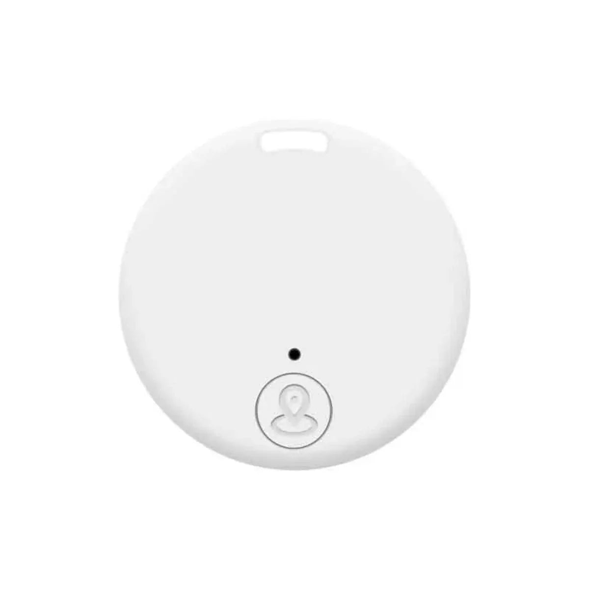 Dispositif de suivi Bluetooth blanc, rond, avec bouton central et indicateur LED, idéal pour localiser objets perdus. Accessoire technologique pratique.