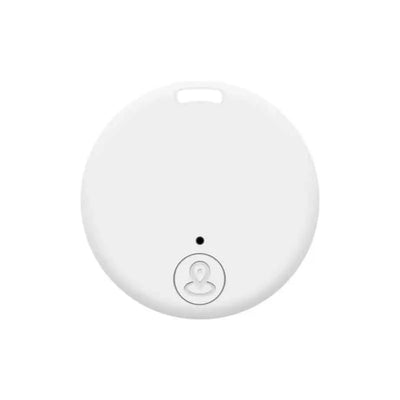 Dispositif de suivi Bluetooth blanc, rond, avec bouton central et indicateur LED, idéal pour localiser objets perdus. Accessoire technologique pratique.