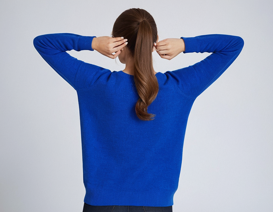 Femme de dos portant un pull bleu vif, cheveux attachés en queue de cheval, posant les mains sur la tête. Mode automne-hiver, style décontracté.