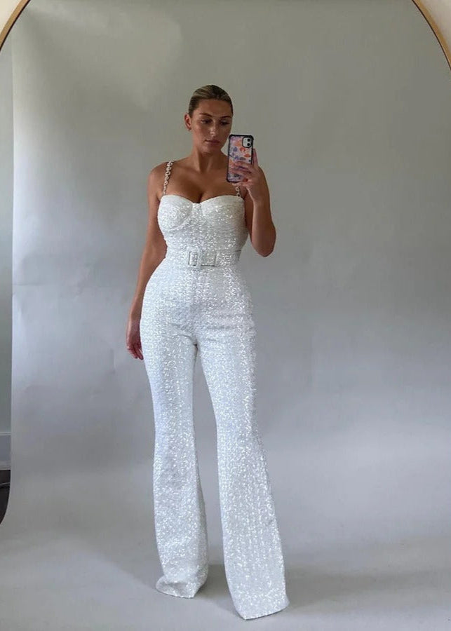 Flitrový overal s opaskom a rozšírenými nohavicami pre ženy