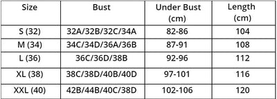 Tableau des tailles de soutien-gorge: tailles S à XXL, bonnets 32A à 40D, tour de buste 82-106 cm, longueur 104-120 cm. Guide des tailles précis.