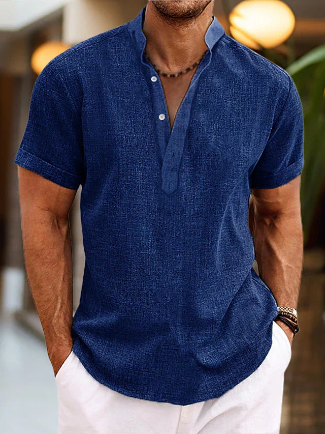 Chemise en lin Silas pour homme - Chemise d'été respirante à col Henley et manches courtes