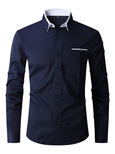 Chemise homme élégante bleu marine, col contrasté blanc, manches longues, poche poitrine, boutons noirs, style formel et moderne.