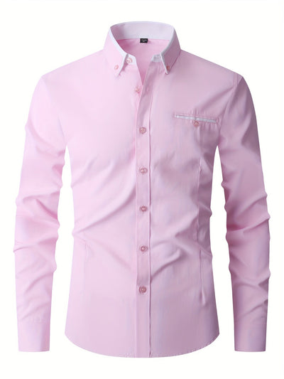 Chemise rose homme élégante, manches longues, col boutonné, poche poitrine, style formel, mode masculine, vêtement tendance.