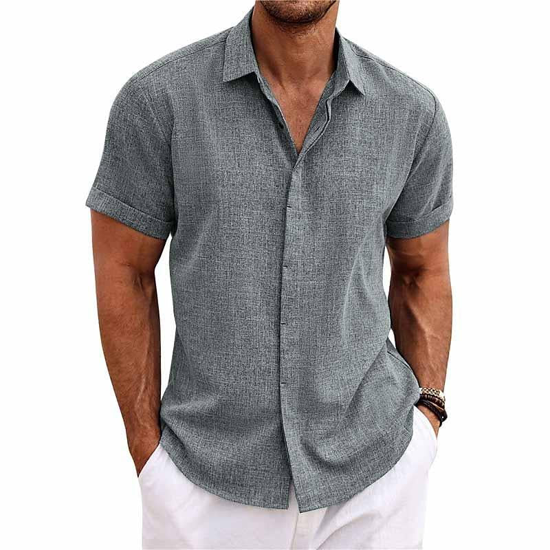 Chemise homme - Fermeture par boutons - Mélange respirant de coton et de lin - Coupe régulière - Manches courtes