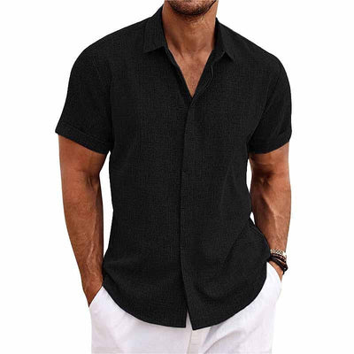 Chemise homme - Fermeture par boutons - Mélange respirant de coton et de lin - Coupe régulière - Manches courtes