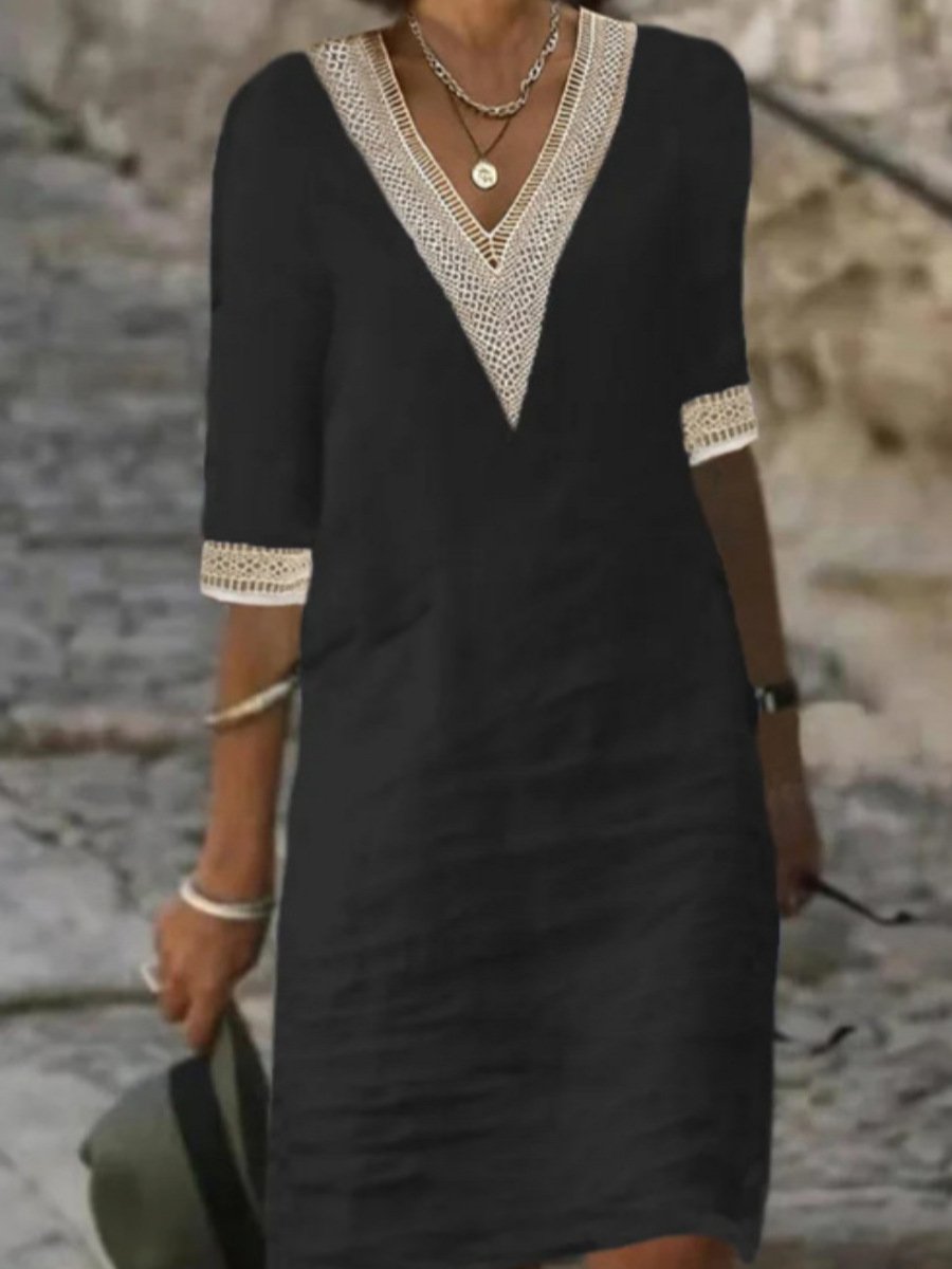 Robe chic en lin mélangé avec col en V et bordures en dentelle