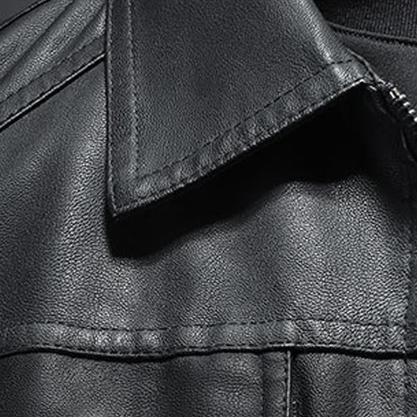 Homme - Veste de moto en cuir de première qualité avec col inversé et fermeture à glissière, coupe confortable