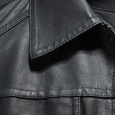 Homme - Veste de moto en cuir de première qualité avec col inversé et fermeture à glissière, coupe confortable