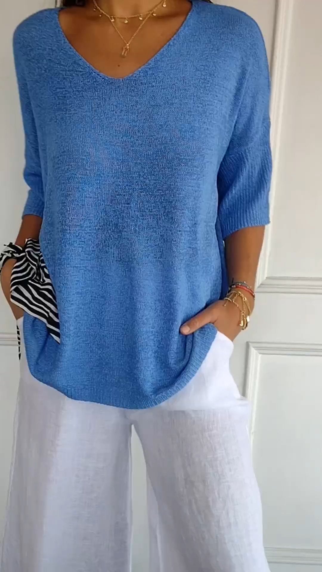 Top tricoté simple et ample à col en V pour femmes