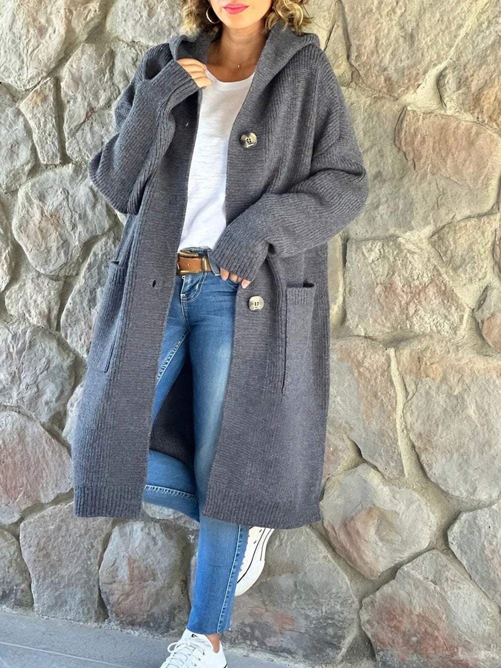 Veste à capuche en maille beige pour femmes
