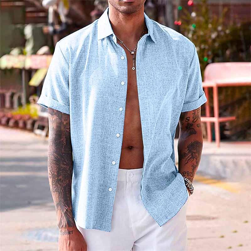 Chemise homme - Fermeture par boutons - Mélange respirant de coton et de lin - Coupe régulière - Manches courtes