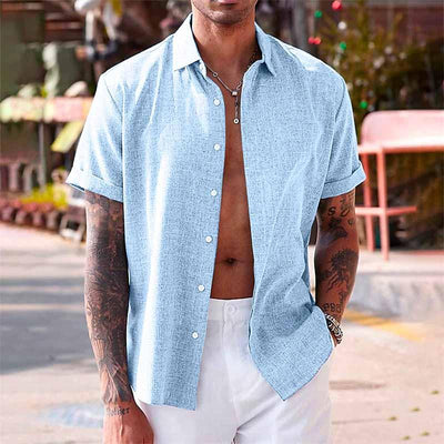 Chemise homme - Fermeture par boutons - Mélange respirant de coton et de lin - Coupe régulière - Manches courtes
