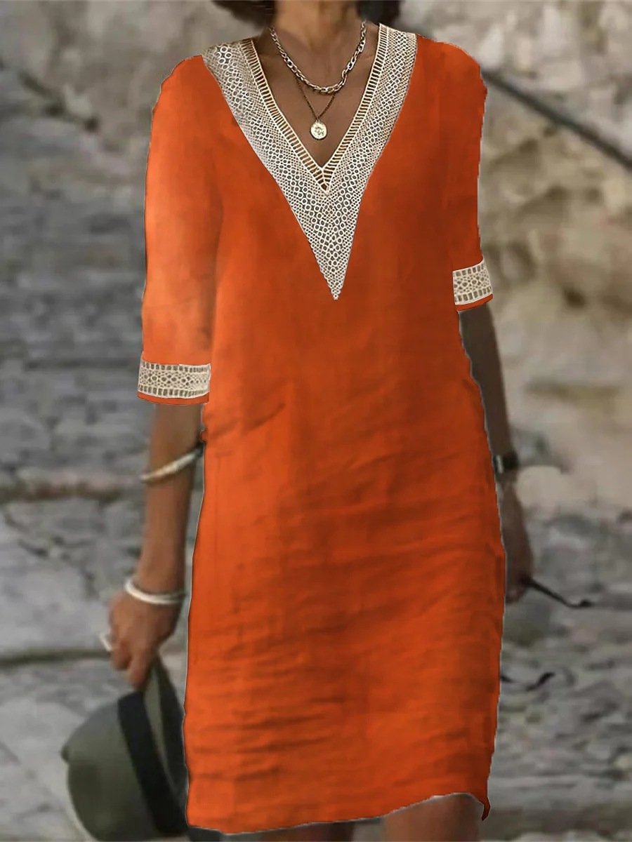 Robe chic en lin mélangé avec col en V et bordures en dentelle