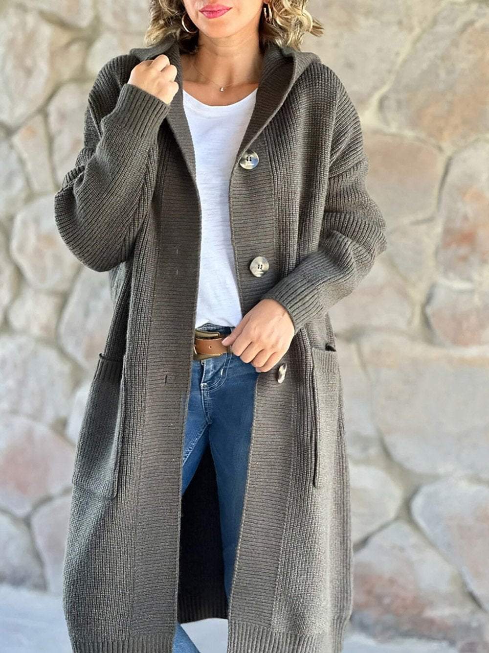 Veste à capuche en maille beige pour femmes