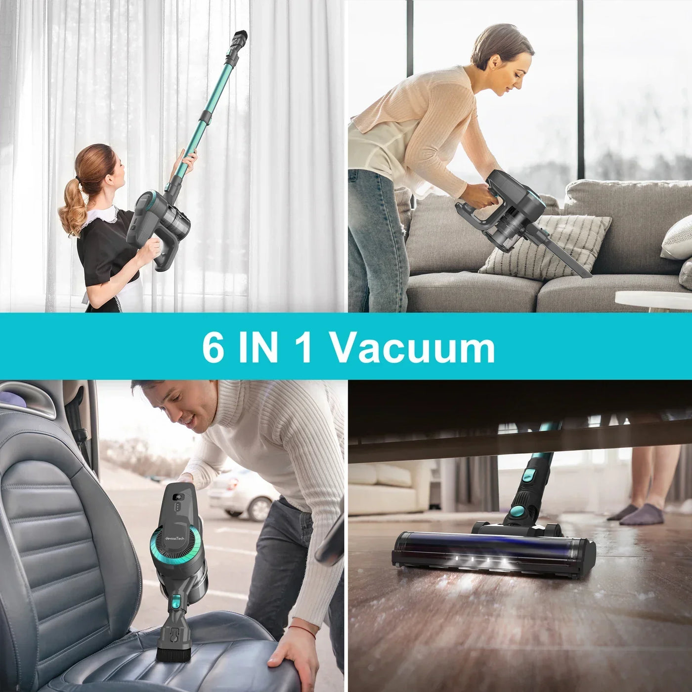 Aspirateur-balai 6-en-1 sans fil - avec brosse LED, batterie 2200mAh et fonctionnement silencieux (65dB)