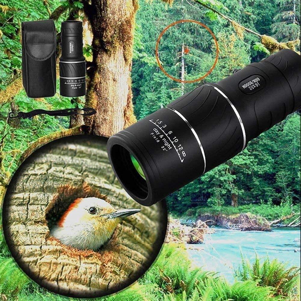 Monoculaire puissant noir avec zoom, idéal pour l'observation des oiseaux en forêt. Accessoires inclus : étui de transport et dragonne.