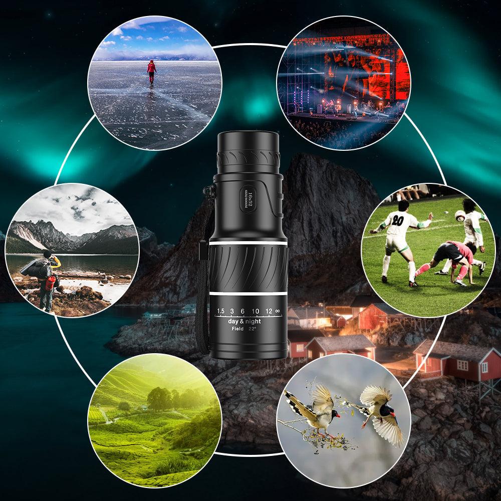 Lunette monoculaire HD avec zoom, idéale pour observation de la nature, sports, concerts. Image montre divers usages en extérieur et paysages.