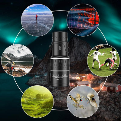 Lunette monoculaire HD avec zoom, idéale pour observation de la nature, sports, concerts. Image montre divers usages en extérieur et paysages.