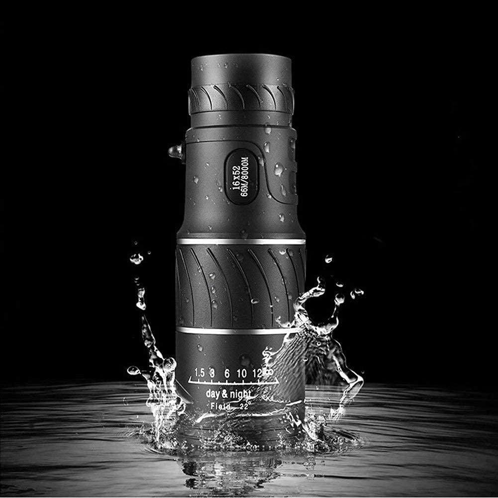 Monoculaire étanche noir, résistant à l'eau, avec marquages de distance, idéal pour observation jour et nuit, éclaboussures d'eau visibles.