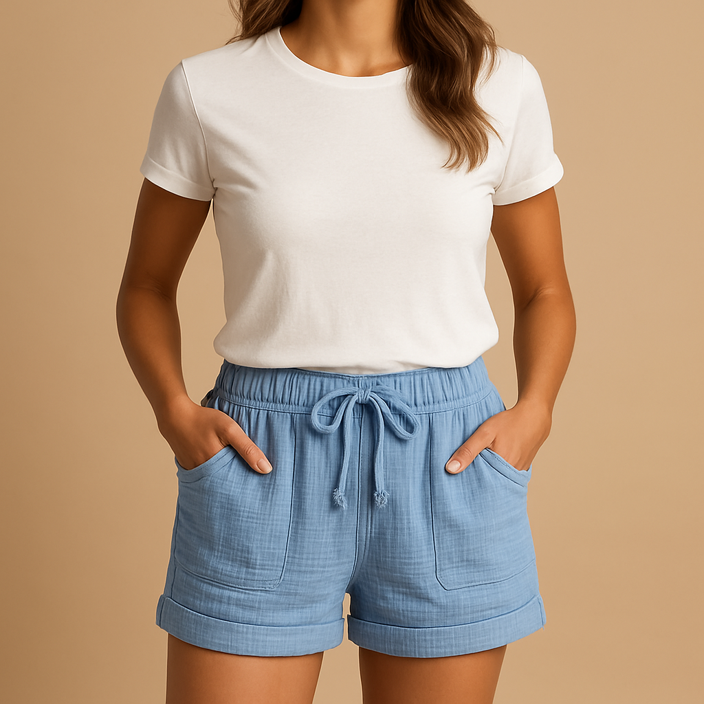 Femme portant un t-shirt blanc et un short bleu en coton, mains dans les poches, sur fond beige. Mode décontractée, tenue estivale tendance.