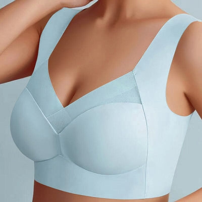 Soutien-gorge sans armatures bleu clair, design confortable, bretelles larges, tissu doux, idéal pour un maintien optimal et un confort quotidien.