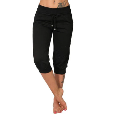 Pantalon capri noir pour femme, taille élastique avec cordon, coupe décontractée, idéal pour le sport ou la détente.