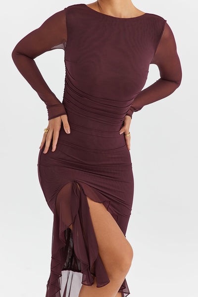 Robe mi-longue à volants et manches longues en violet