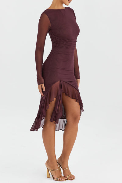 Robe mi-longue à volants et manches longues en violet