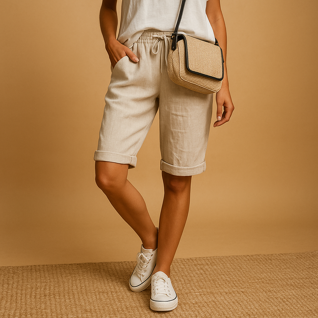 Femme en short beige et t-shirt blanc, portant un sac à bandoulière en osier, baskets blanches, sur fond beige. Mode décontractée estivale.