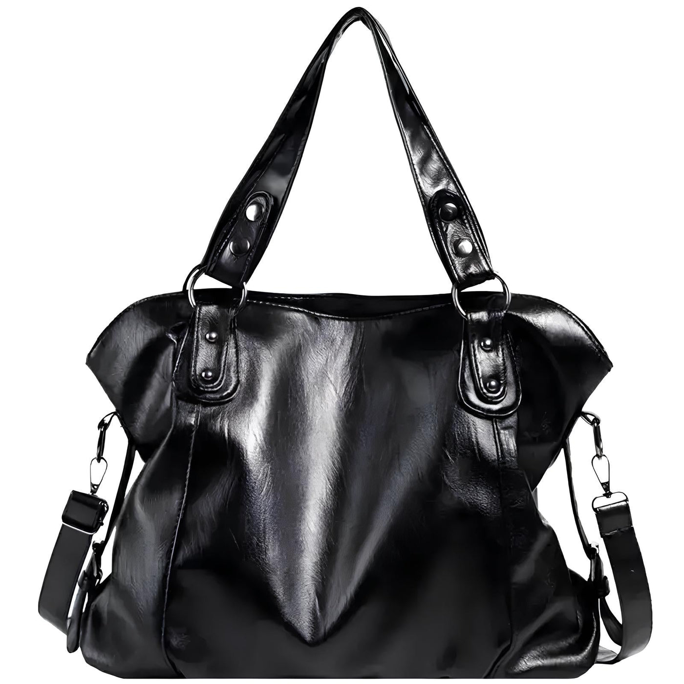 Sac à main en cuir noir brillant avec anses robustes et bandoulière amovible, design élégant et moderne, idéal pour la mode féminine.