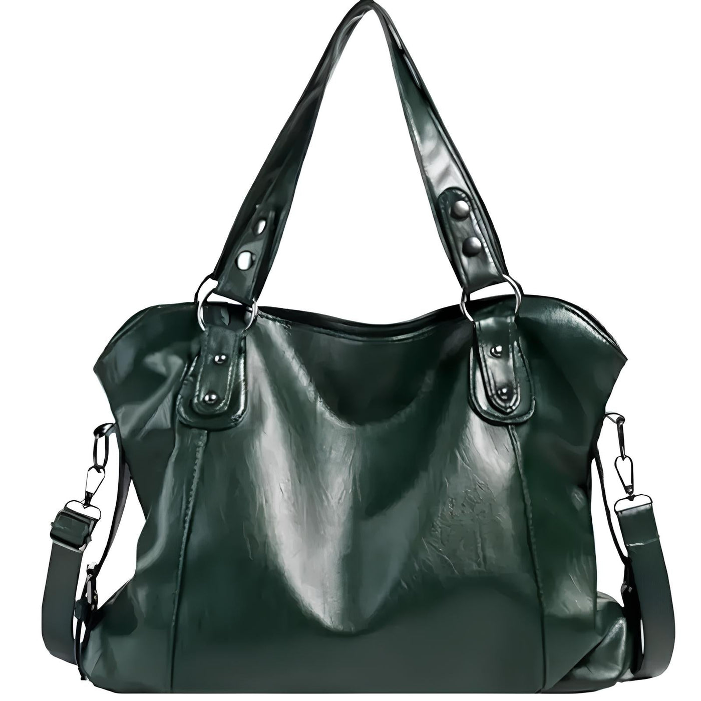 Sac à main en cuir vert foncé avec anses et bandoulière amovible, design élégant et moderne, idéal pour femme, mode et accessoires tendance.