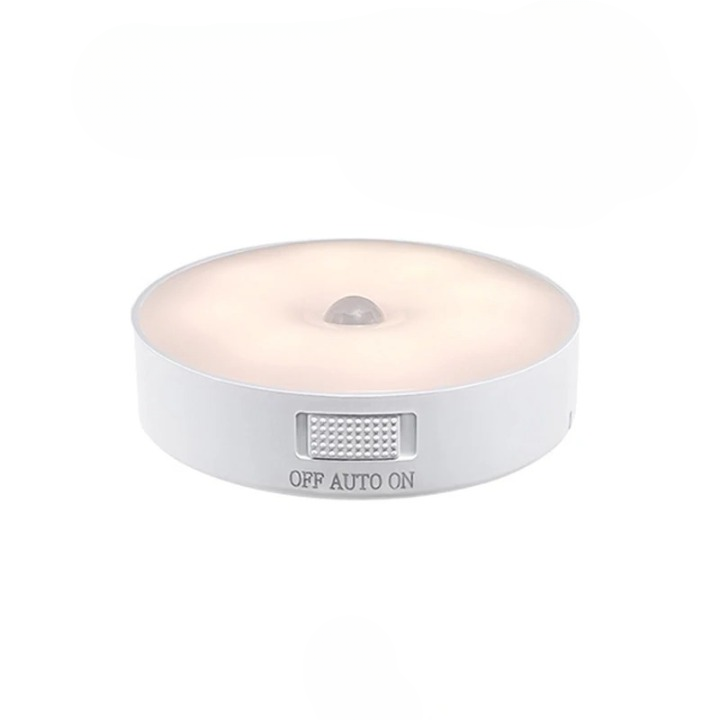 Veilleuse LED ronde blanche avec capteur de mouvement, interrupteur à trois positions (OFF, AUTO, ON), éclairage doux pour chambre ou couloir.