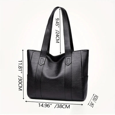 Sac à main noir en cuir PU, dimensions 38x30x14 cm, avec anses longues. Élégant et spacieux, idéal pour le quotidien et le bureau.