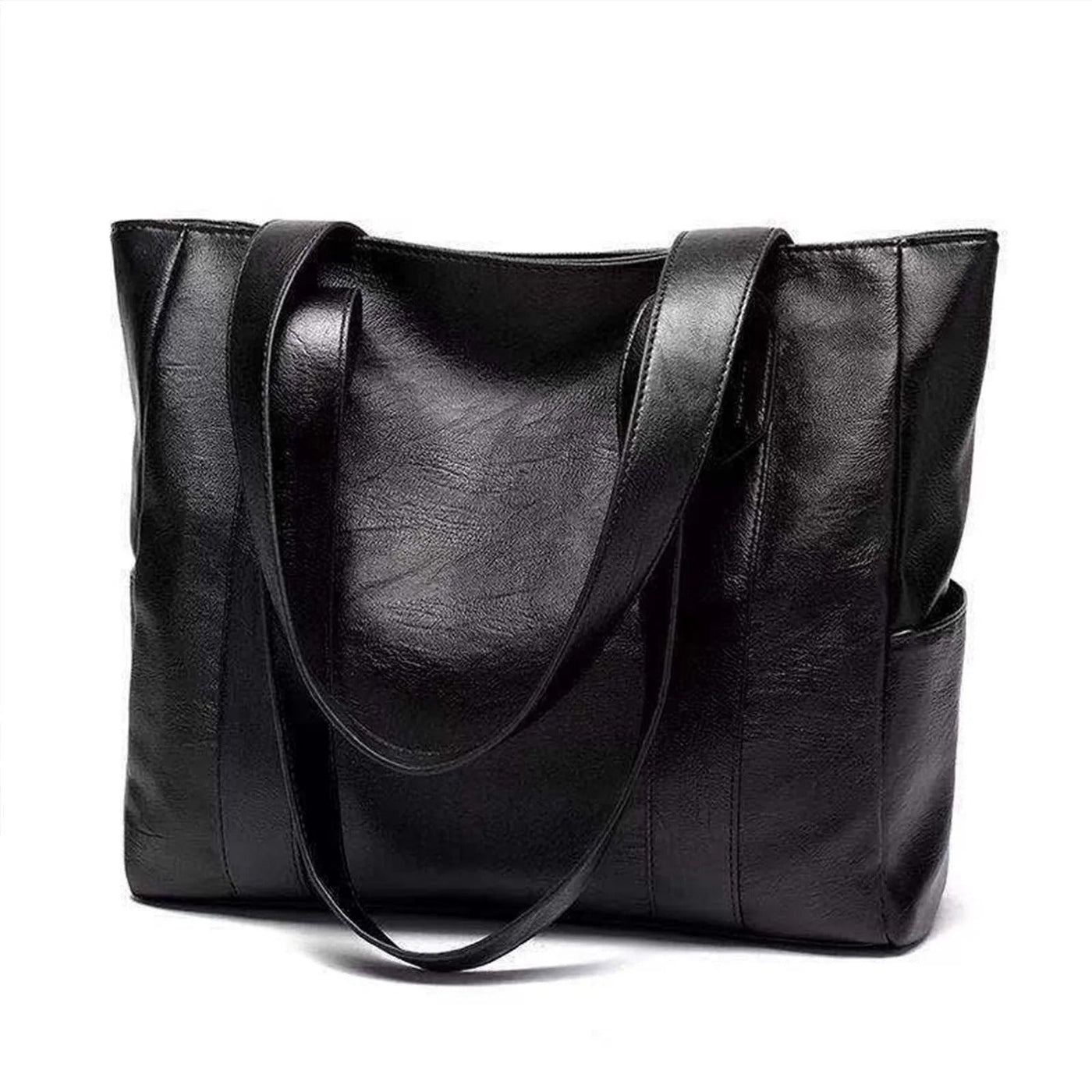 Sac à main en cuir noir élégant avec anses longues, design moderne et spacieux, idéal pour le bureau ou les sorties quotidiennes.