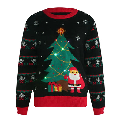 Pull de Noël noir avec motif Père Noël, sapin illuminé et cadeaux, flocons de neige, bordures rouges. Vêtement festif hiver, mode saisonnière.