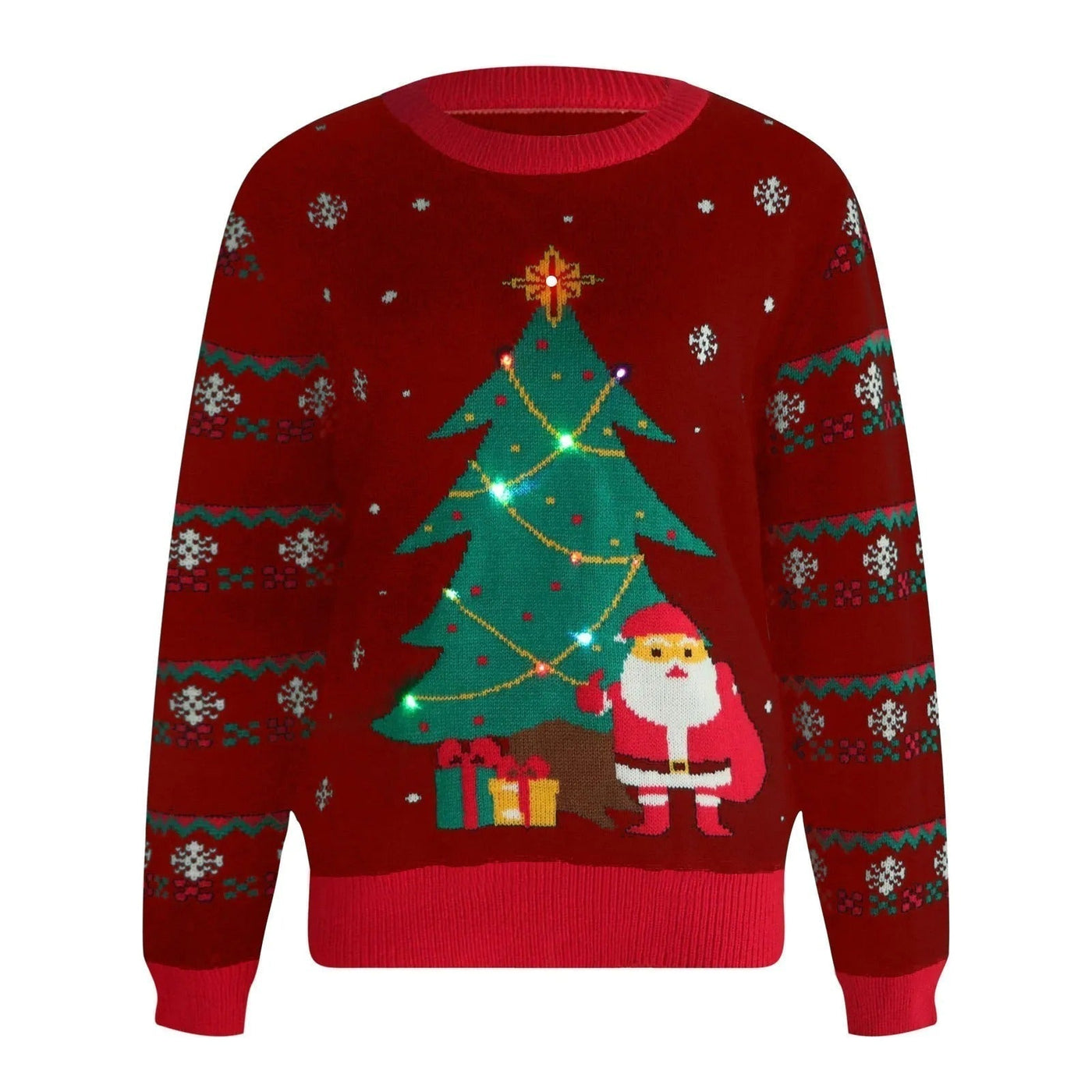 Pull de Noël rouge avec motif sapin illuminé, Père Noël et cadeaux. Design festif avec flocons de neige. Vêtement idéal pour fêtes de fin d'année.