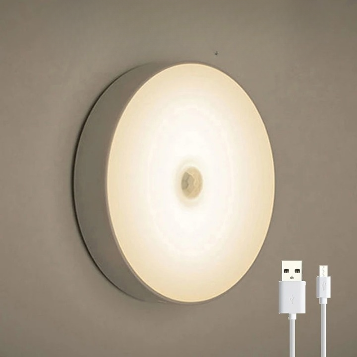 Lampe murale LED ronde avec capteur de mouvement, lumière blanche chaude, câble USB inclus, éclairage intérieur moderne, économie d'énergie.