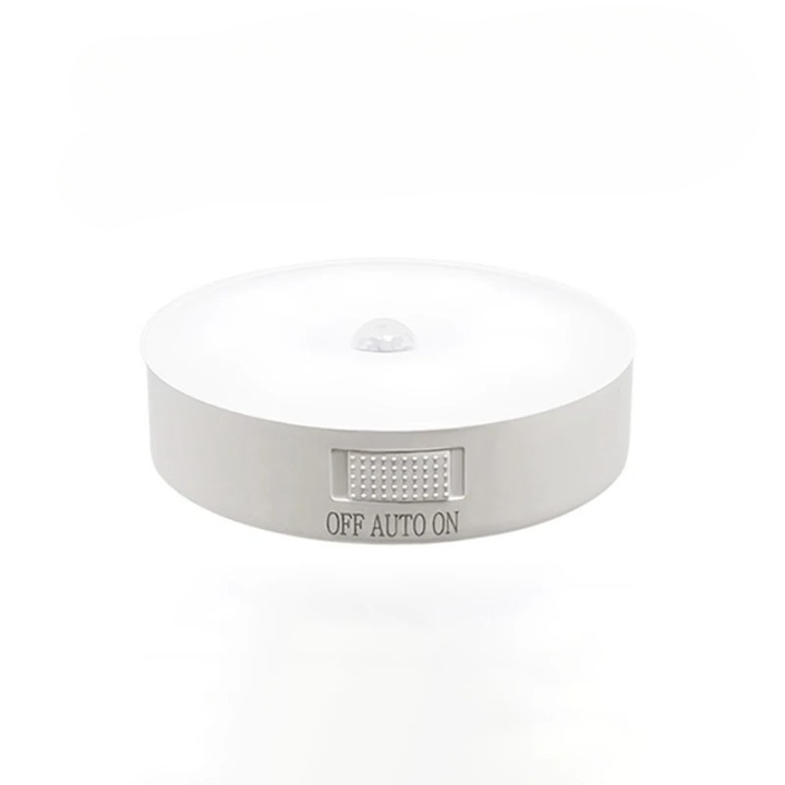 Détecteur de mouvement LED blanc circulaire avec interrupteur OFF/AUTO/ON, idéal pour éclairage automatique intérieur, capteur de lumière intégré.