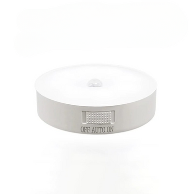 Détecteur de mouvement LED blanc circulaire avec interrupteur OFF/AUTO/ON, idéal pour éclairage automatique intérieur, capteur de lumière intégré.