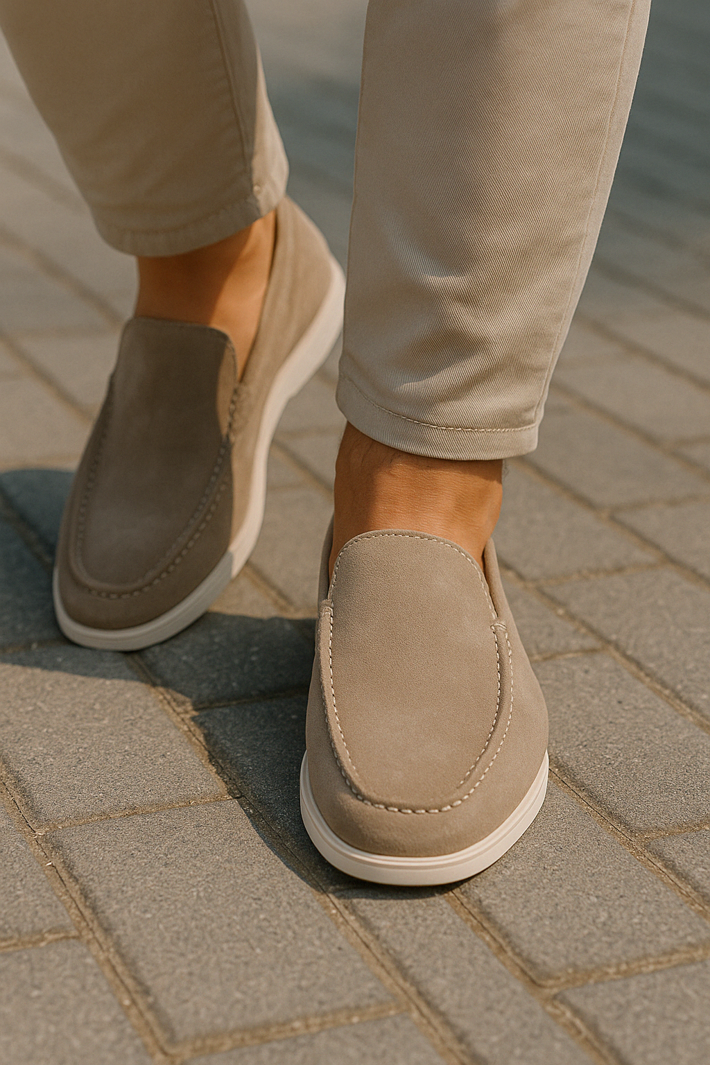 Chaussures mocassins en daim beige pour homme sur trottoir pavé, style décontracté et élégant, mode masculine, confort et tendance urbaine.
