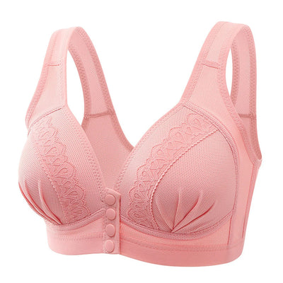 Soutien-gorge rose sans armatures, design en dentelle, fermeture à boutons, bretelles larges, lingerie féminine confortable et élégante.