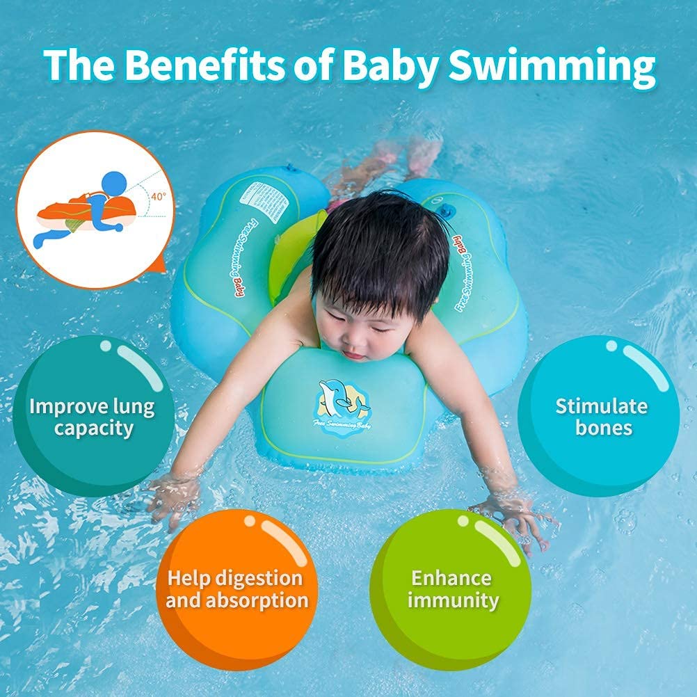 Enfant nageant avec bouée dans piscine, texte sur les bienfaits de la natation pour bébé : capacité pulmonaire, digestion, os, immunité.