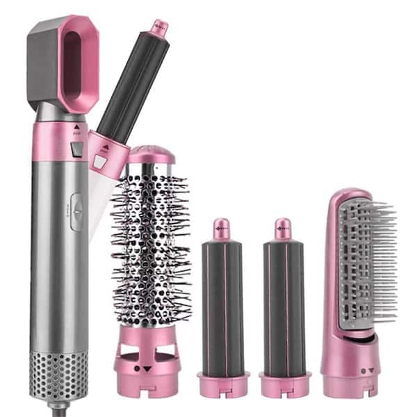 Ensemble de coiffure multifonction gris et rose avec sèche-cheveux, fer à boucler, brosses interchangeables. Accessoires coiffure modernes.