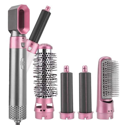 Ensemble de coiffure multifonction gris et rose avec sèche-cheveux, fer à boucler, brosses interchangeables. Accessoires coiffure modernes.