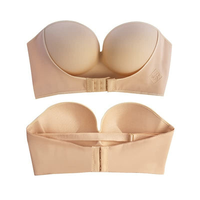 Soutien-gorge sans bretelles beige, dos et face, avec fermeture à agrafes. Lingerie féminine, maintien optimal, design élégant.